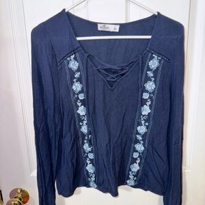 Hollister Dark Blue Floral Lace-Up Blouse